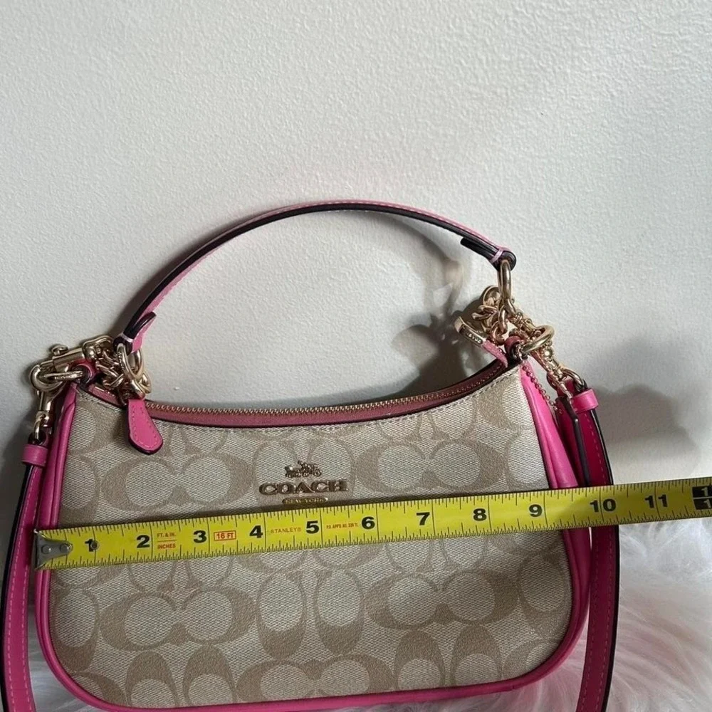 Coach Teri Shoulder Bag Signature Canvas Pink Leather Trim Khaki Gold CA548 - Picture 8 of 8